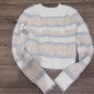 Cozy Stripe Fuzzy Crop Sweater - White, Light Pink & Light Gray